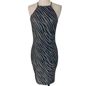 Glittery gold metallic bodycon dress ladies large animal print stretch knit mini